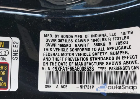 2010 Honda Civic Lx-S z USA, uszkodzony, nr VIN 19XFA1F65AE008533